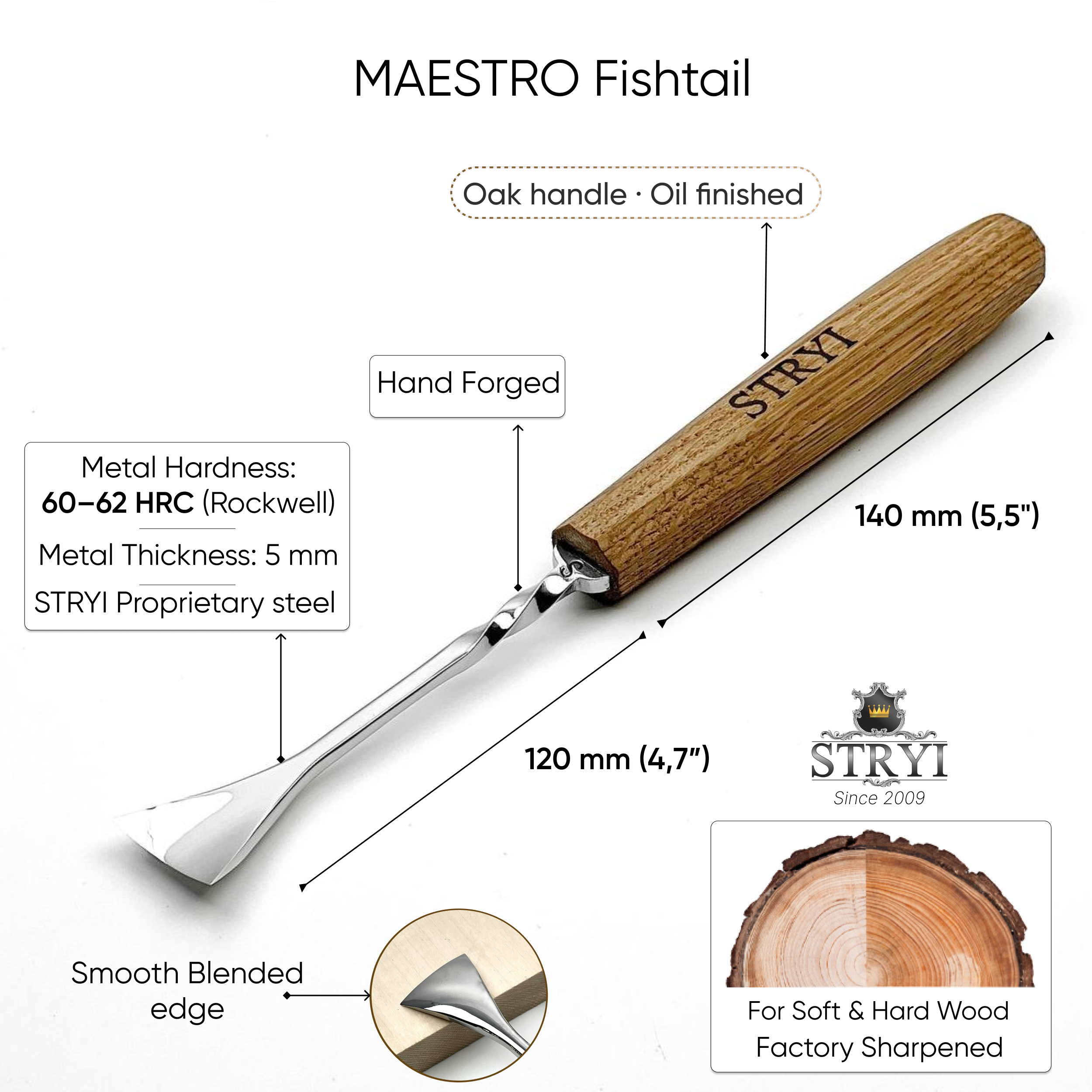 Fishtail Gouge sweep #5 STRYI Maestro for relief carving and detailed carving, NEW line