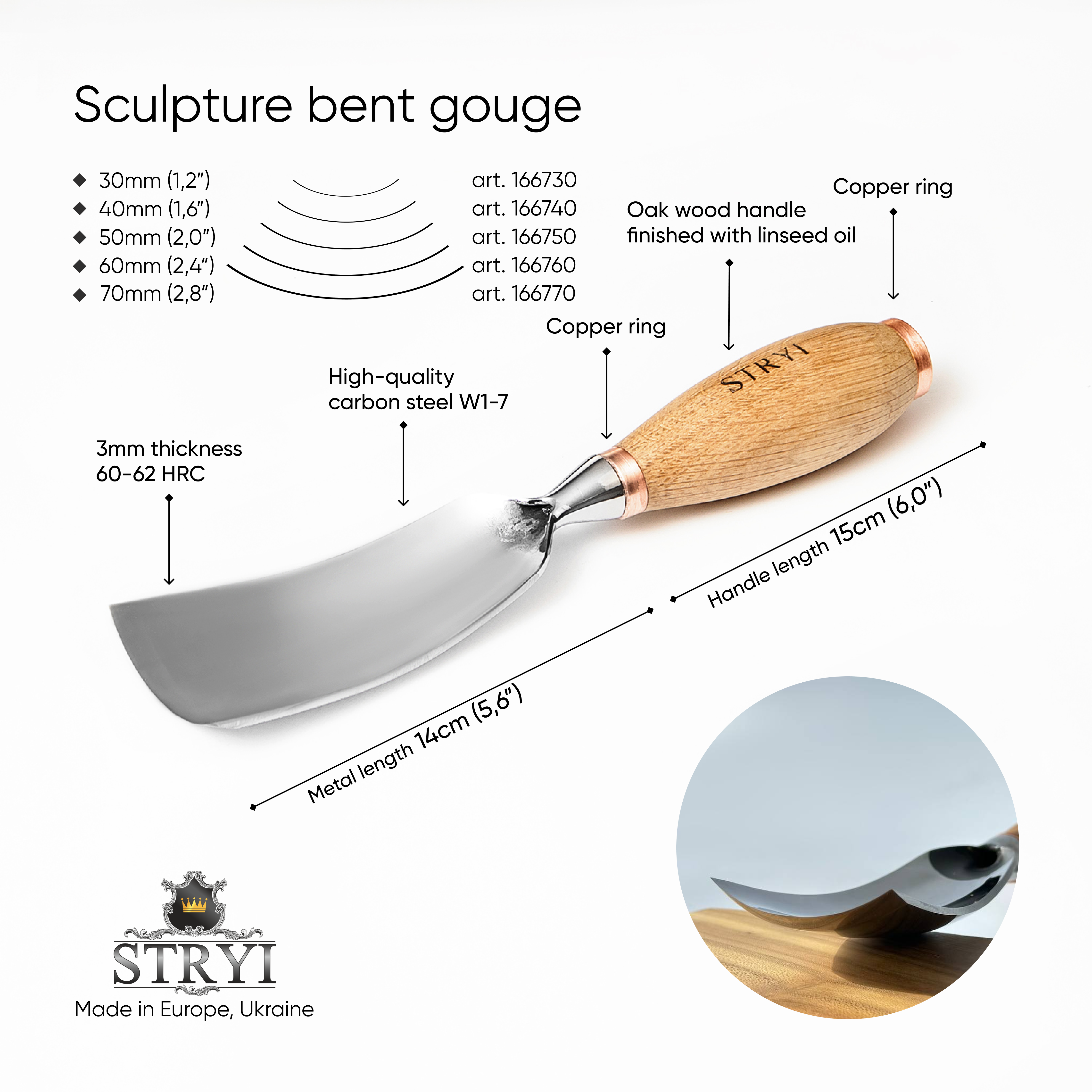 Large sculpture Bent tool, 7 profile, Heavy-duty gouges STRYI Profi, Wooden sculpting, Bowl carving