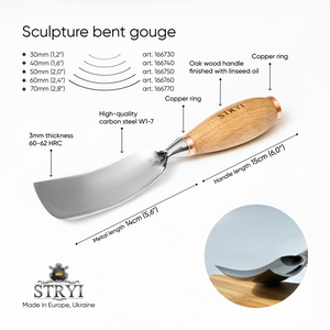 Large sculpture bent tool, 7 profile, heavy duty gouges STRYI Profi, wooden sculpting, bowl carving