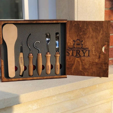 Spoon carving toolset 5pcs  STRYI Profi in wooden gift box, kuksa gouges, bowl carving, gift for young man