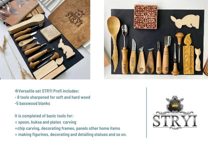 Vielseitiges Holzschnitzwerkzeug-Set STRYI Profi (8 Werkzeuge + 5 Rohlinge)