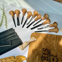 Load image into Gallery viewer, Palm carving tools set of 10 pcs, gravers and burins STRYI Profi, forged chisels for detailing, wood carving tools
