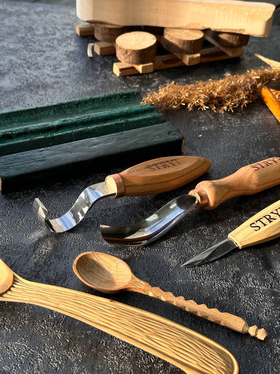 Spoon carving toolset 5pcs STRYI Profi in wooden gift storage box, kuksa  gouges