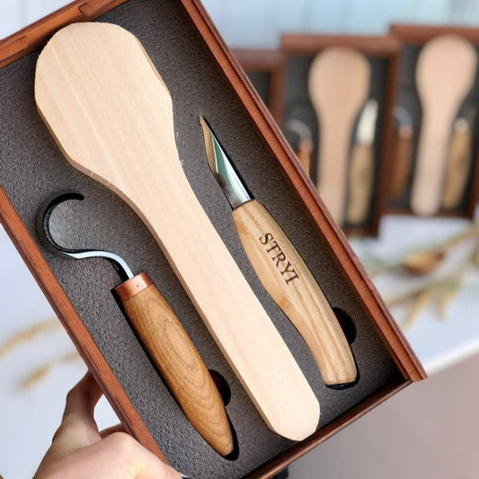 Spoon carving tools set 2pcs in wooden box, STRYI Start, Carving set for teenager, Gift for junior boy