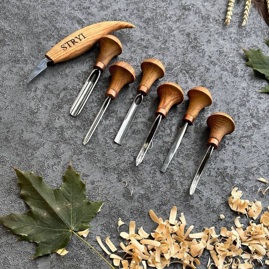 Wood carving tools set of 7 pcs, gravers and burins STRYI Start, linocutting set, detailed carving, microcarving