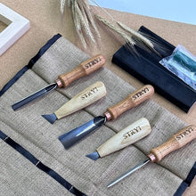 Load image into Gallery viewer, Basic wood carving tools set for relief carving, 5pcs STRYI Profi, carving tools, forged tools, carving chisels, carving set