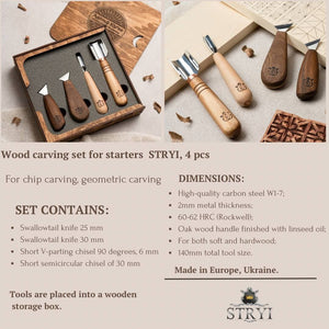 Chip carving set for starters, chip carving kit STRYI, chip carving tools, toolset for carving