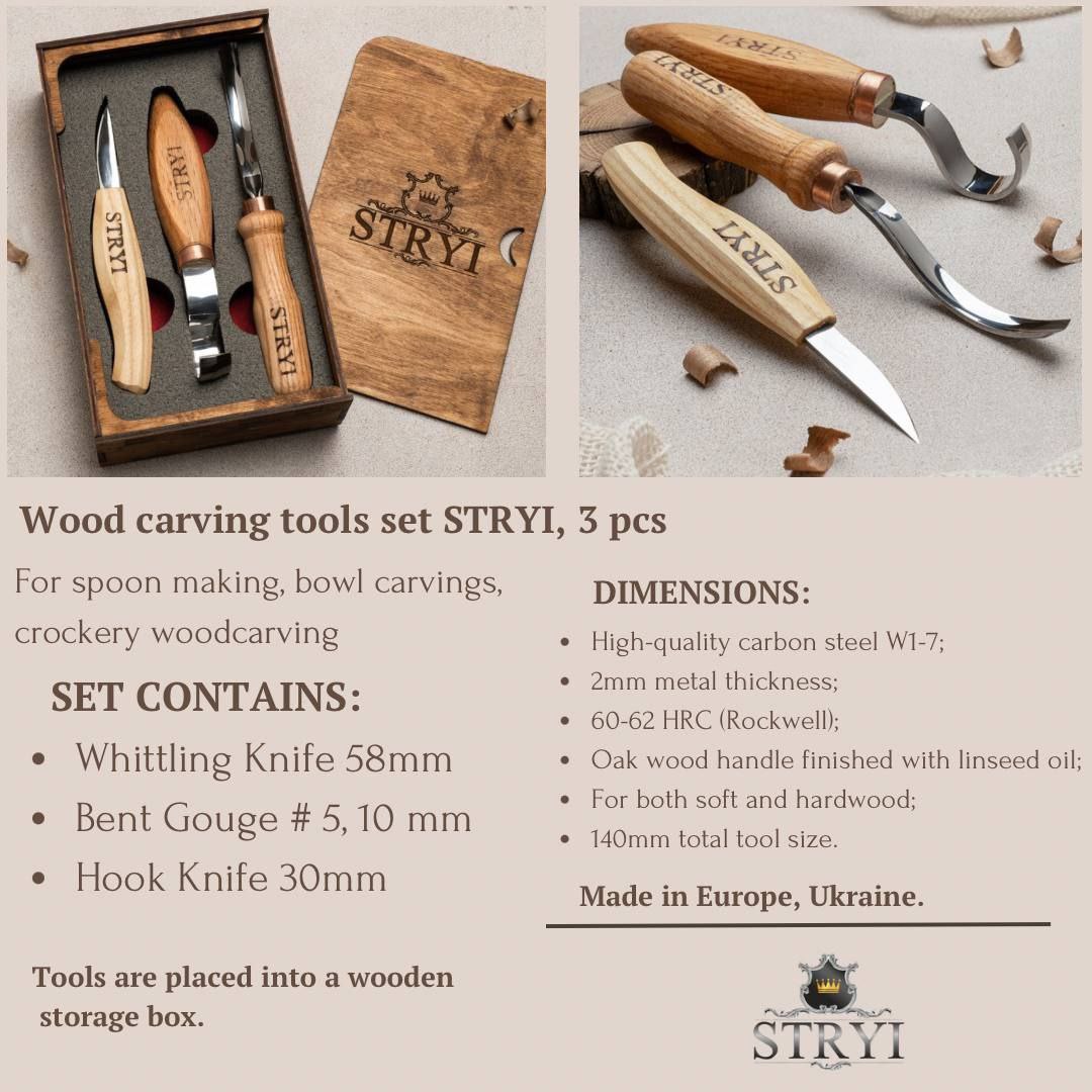 Spoon carving toolset, crockery woodcarving set  3 pcs STRYI Profi, Carving tools, Hook knife, spoon making