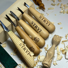 Cargar imagen en el visor de la galería, Wood carving toolset of tiny sized chisels STRYI Profi, 5 pcs for making figurines wooden jewellery, microcarving tools, detailed carving chisels,