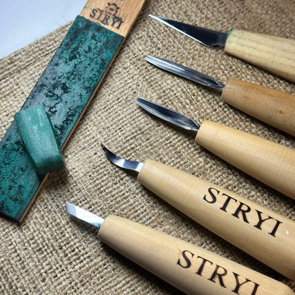 Wood carving kit of tiny sized chisels STRYI Profi, Whittling figurines, Knives set