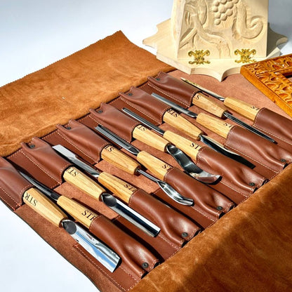 Wood carving kit for relief carving in leather case, 12pcs STRYI Profi, Chisels set, Gouges set