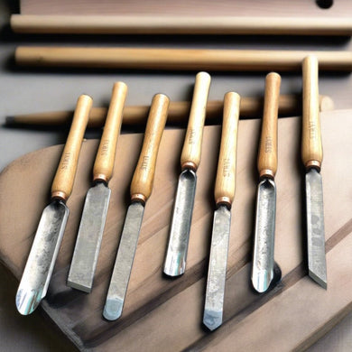 Wood turning toolset of 7 wood turning chisels STRYI Standart in roll-case, unpolished tools