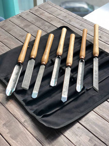 Wood turning toolset of 7 wood turning chisels STRYI Standart in roll-case, unpolished tools