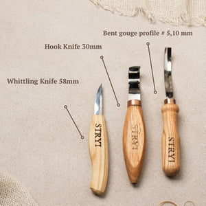 Spoon carving toolset, crockery woodcarving set  3 pcs STRYI Profi, carving tools, hook knife, spoon making