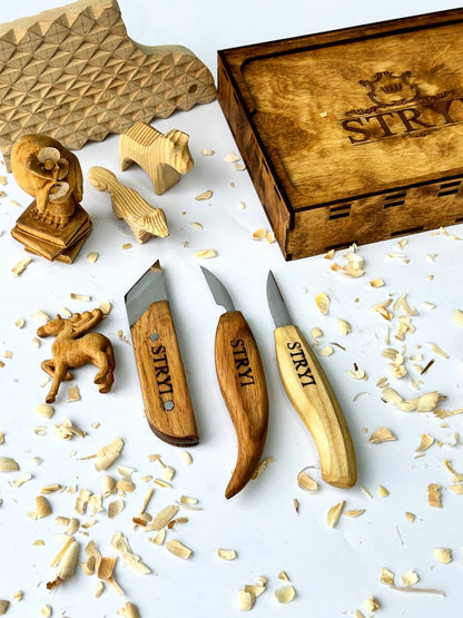 Wood carving knives set of 3pcs STRYI Profi in wooden storage case