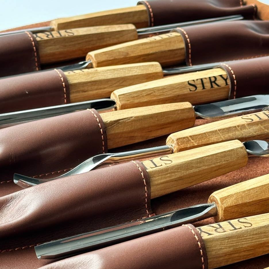 Wood carving kit for relief carving in leather case, 12pcs STRYI Profi, Chisels set, Gouges set, Gift ready