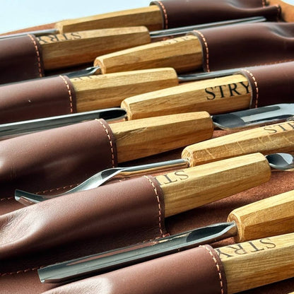 Wood carving kit for relief carving in leather case, 12pcs STRYI Profi, Chisels set, Gouges set