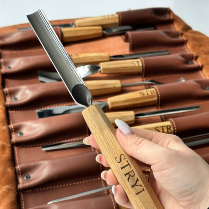 Wood carving kit for relief carving in leather case, 12pcs STRYI Profi, Chisels set, Gouges set