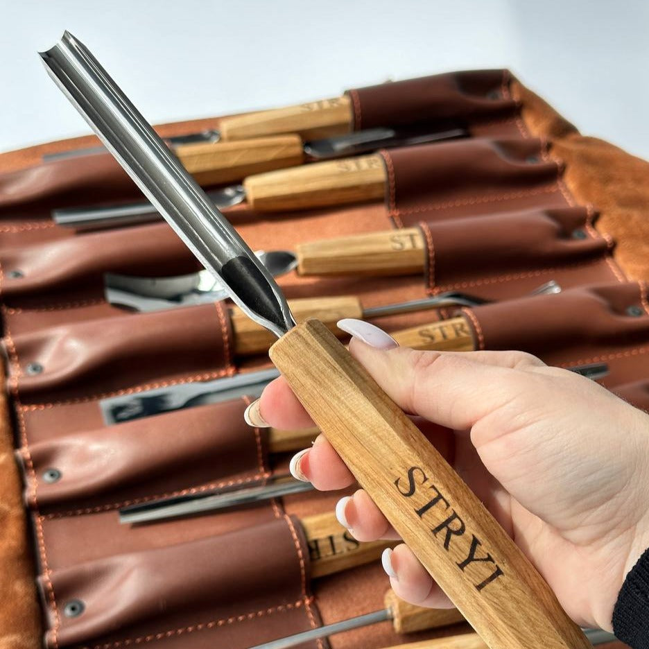 Wood carving kit for relief carving in leather case, 12pcs STRYI Profi, Chisels set, Gouges set