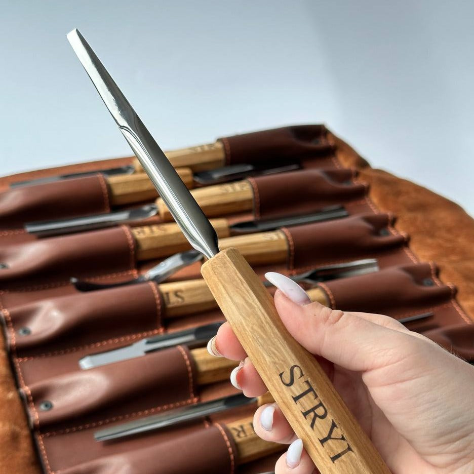 Wood carving kit for relief carving in leather case, 12pcs STRYI Profi, Chisels set, Gouges set