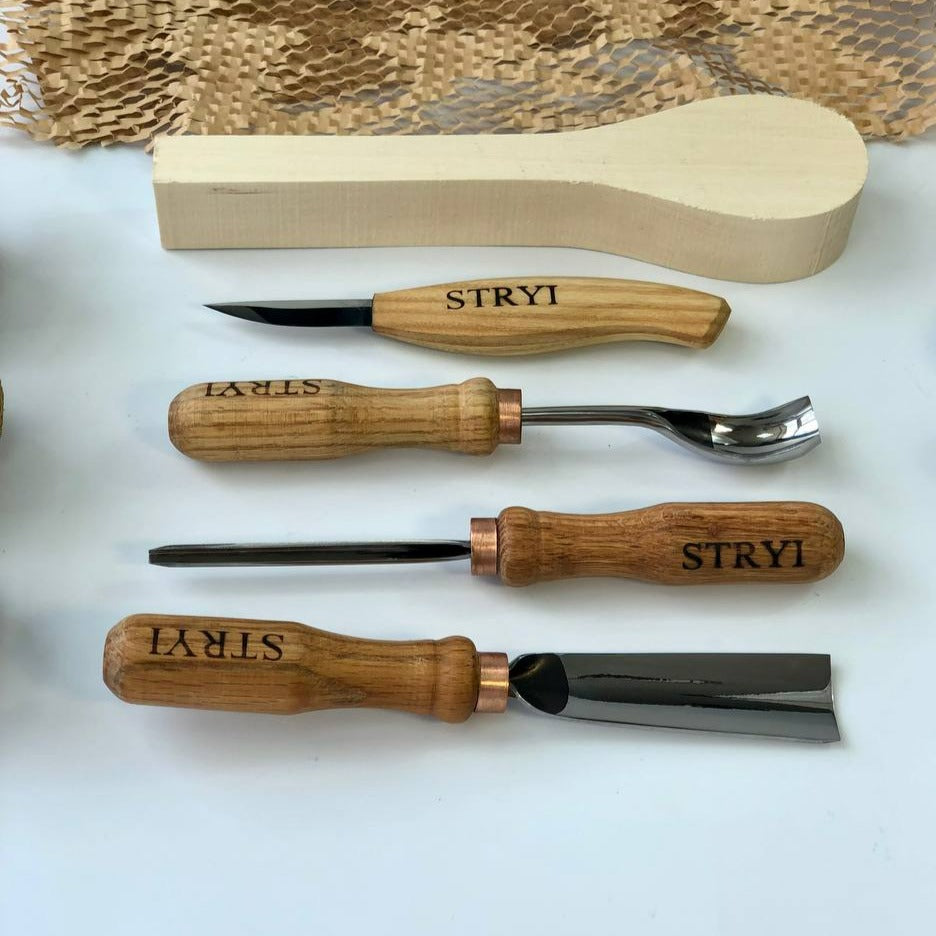 Wood carving kit for spoon making and bowl carving STRYI Profi, 4 pcs