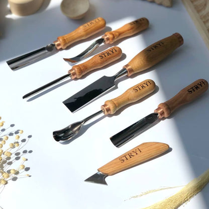 Wood carving kit 7 pcs, Chisels and Gouges  STRYI Profi, Versatile Carving Set