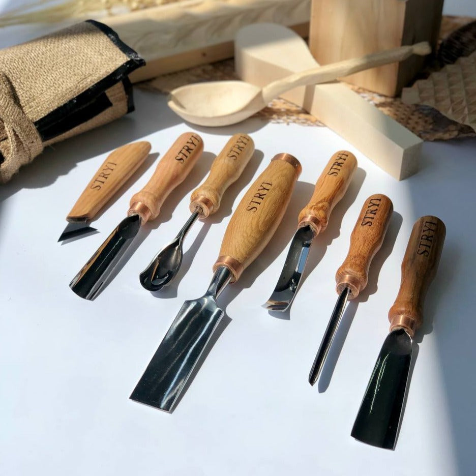 Wood carving kit 7 pcs, Chisels and Gouges  STRYI Profi, Versatile Carving Set