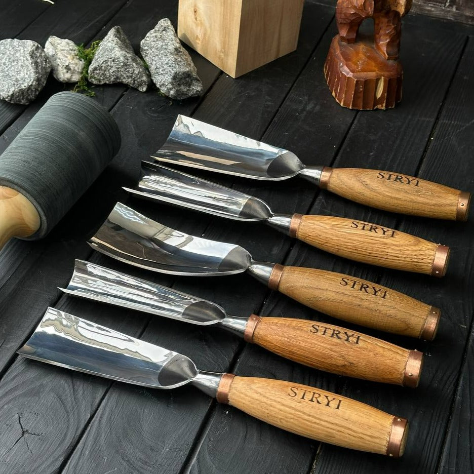 Sculpture tools set STRYI Profi 5pcs, Wood carving kit of Heavy-duty chisels, Sculpture gouges, Forged hand tools for Sculpting woodworking