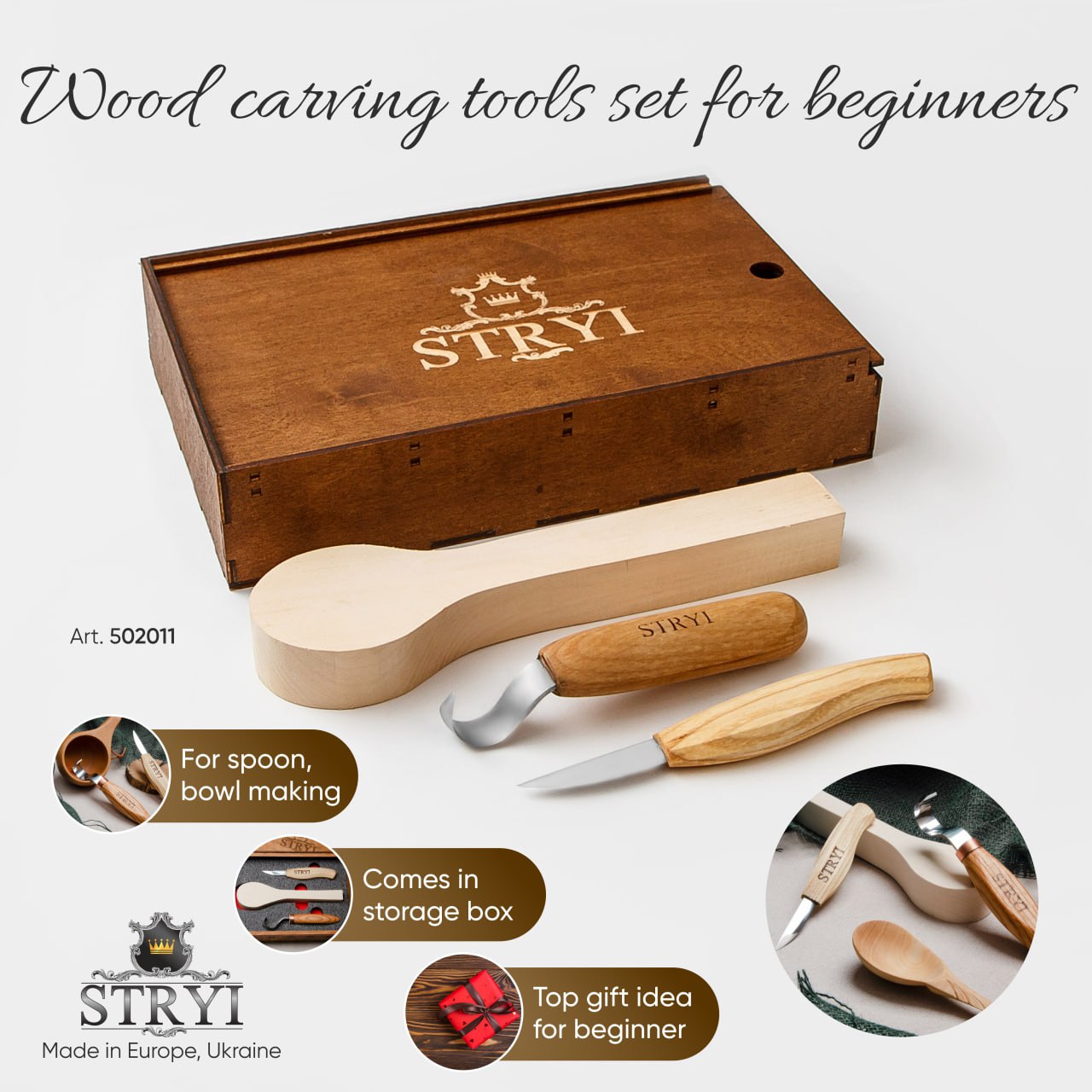 Spoon carving tools set 2pcs in wooden box, STRYI Start, Carving set for teenager, Gift for junior boy