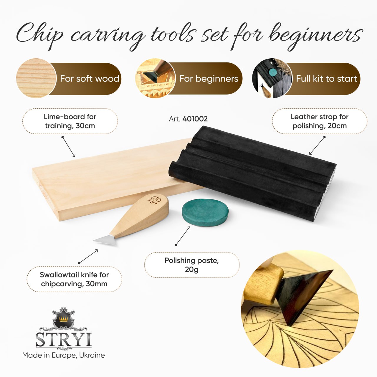 Basic tools set STRYI Start in woodcarving, Chip carving set, Gift for ...