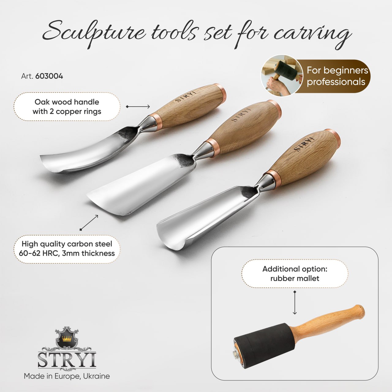 Sculpture tools set STRYI Profi 3pcs, Heavy-duty chisels set, Forged steel tools