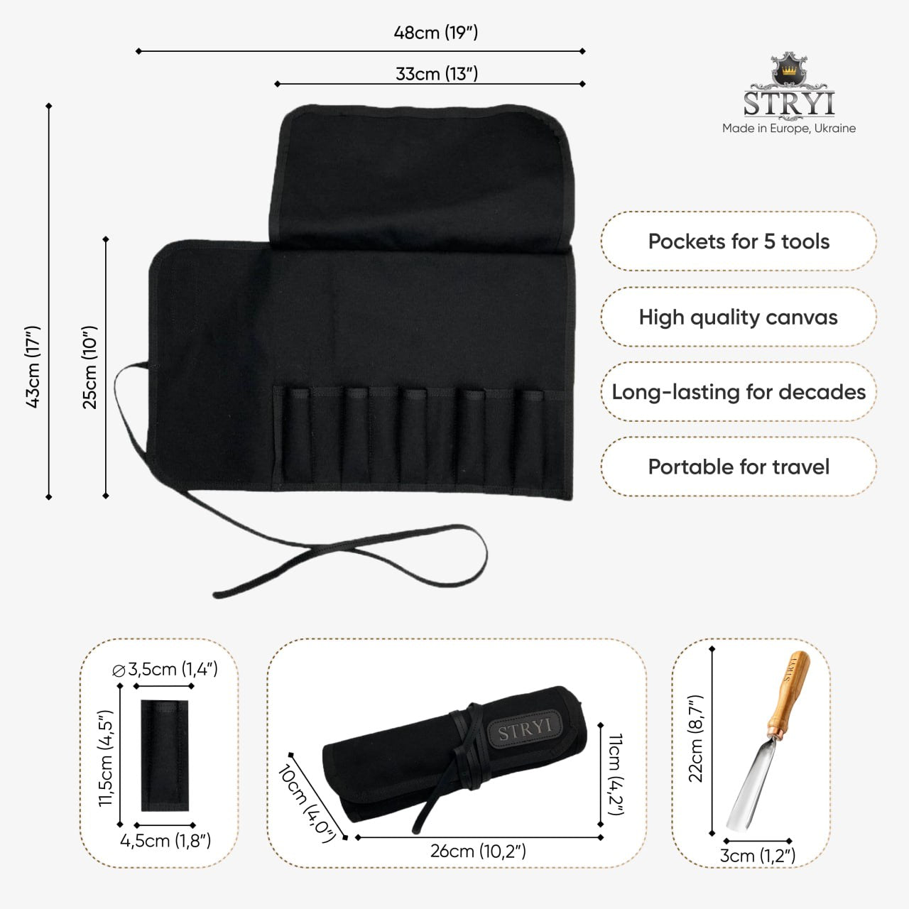 Storage roll-case STRYI Profi  for tools and knive, 5-pocket case