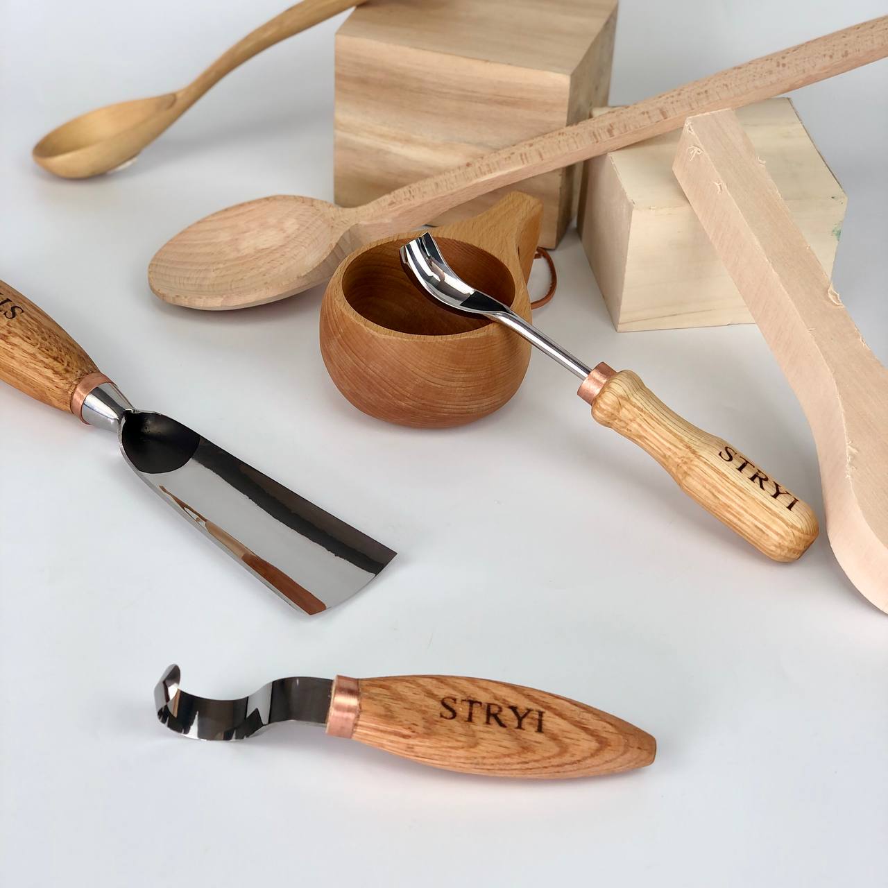 Kuksa, 3-teiliges Schnitzwerkzeug-Set mit Löffel und Tasse, STRYI Profi