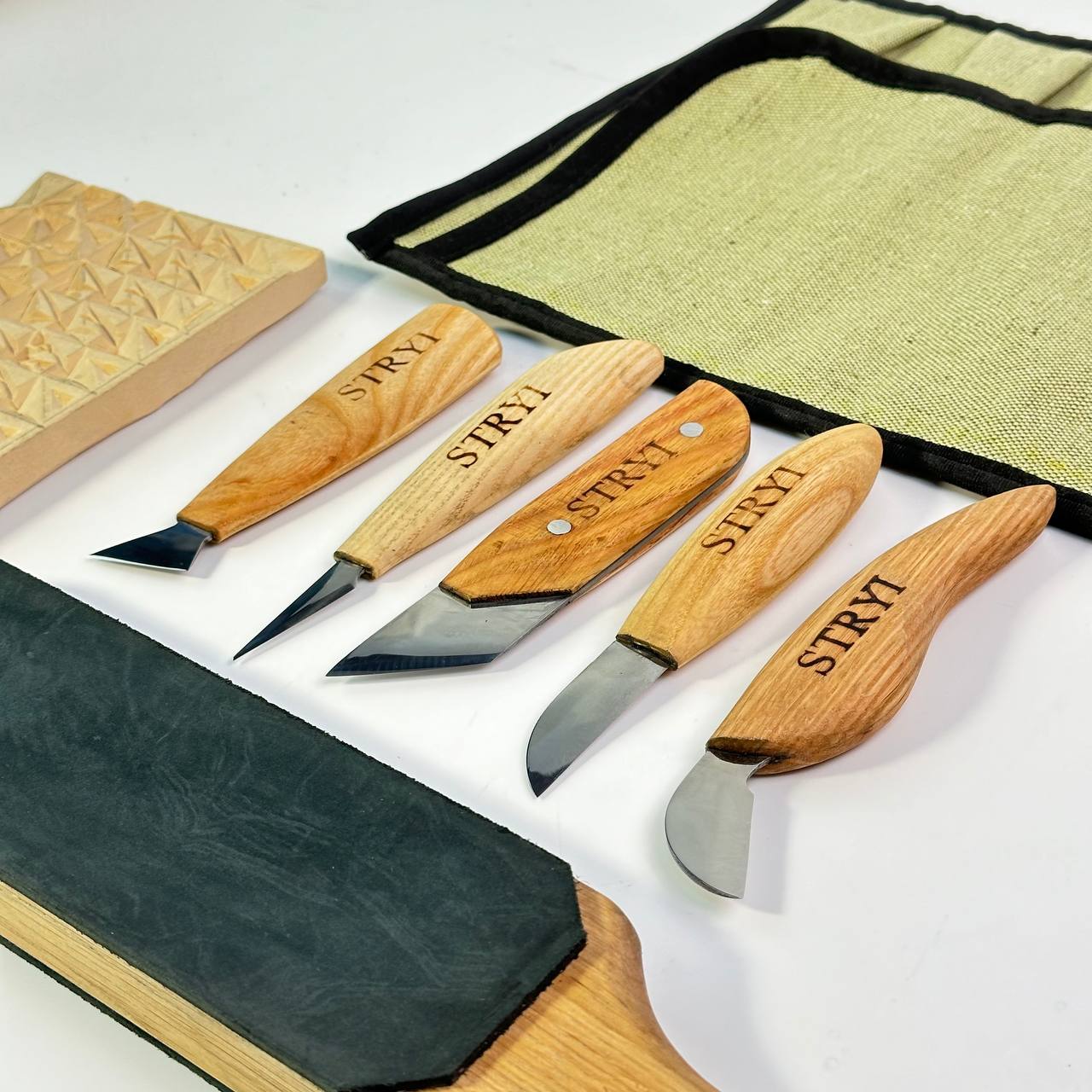 Wood carving knives set 5pcs in tarpaulin case STRYI, Stryi Carving knives