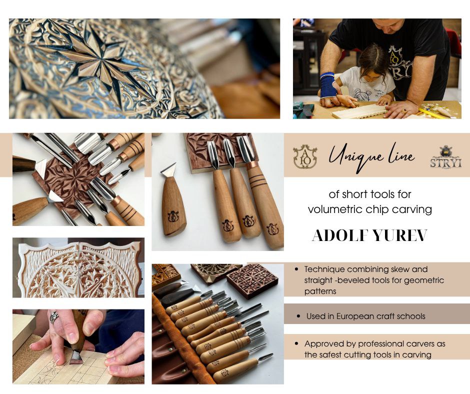 Chip carving kit for modern chip carving in a genuine leather roll-case, Basic carving set