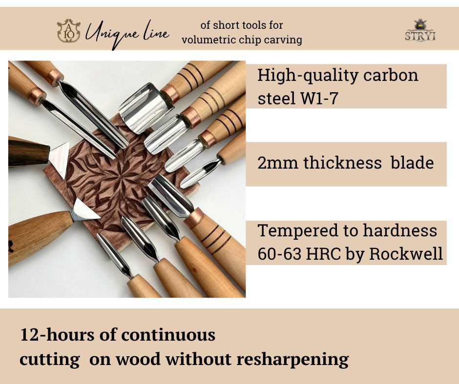 Chip carving kit for modern chip carving in a genuine leather roll-case, Basic carving set