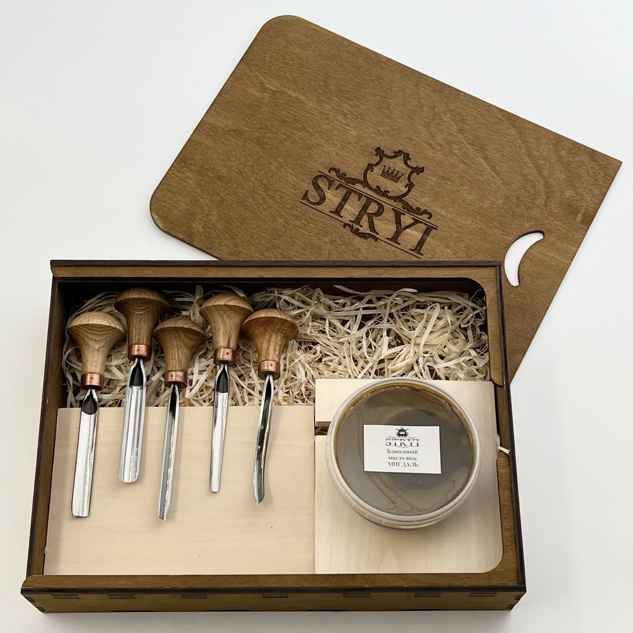 Palm carving set STRYI Profi, 5pcs, Toolset for Linocuttting, Relief carving, DIY phone stand