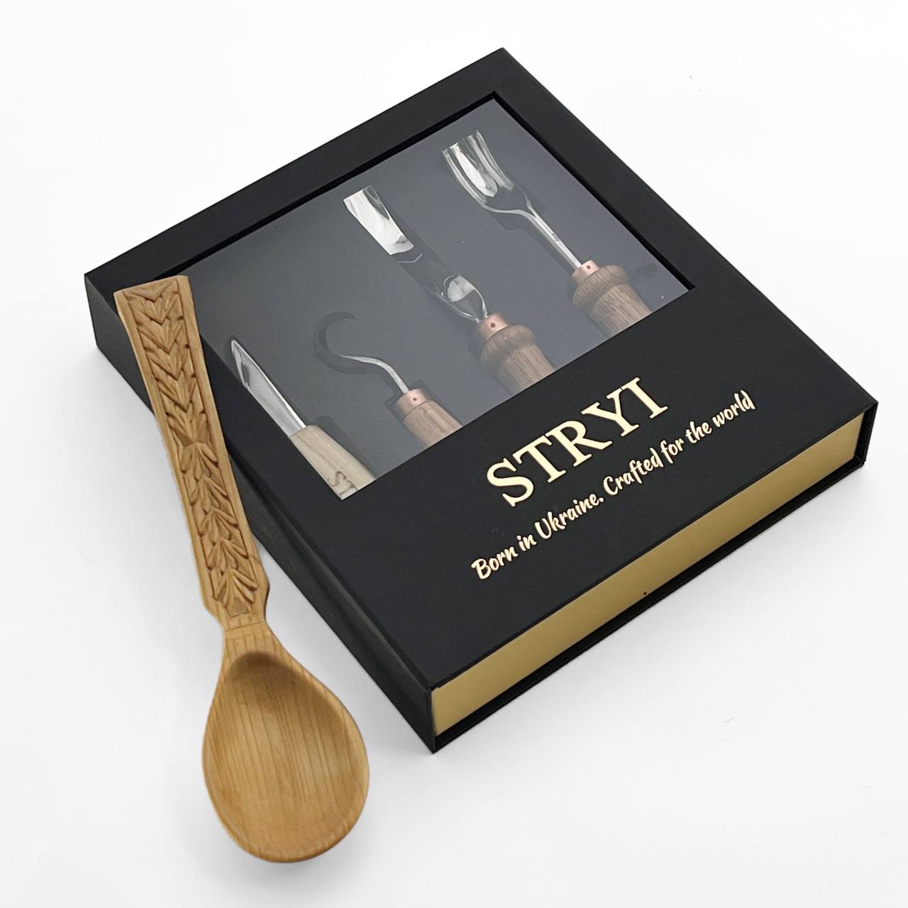 Bowl & Spoon Carving Kit: 4pc Set for Kuksa, Bowls & Spoons, Ready-to-Gift 5pcs STRYI Profi in deluxe gift box