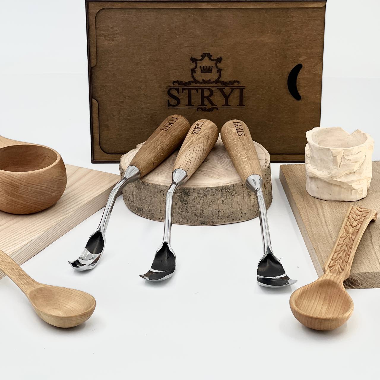 Bowl carving toolset of 3 large bent gouges STRYI Profi, Kuksa gouges