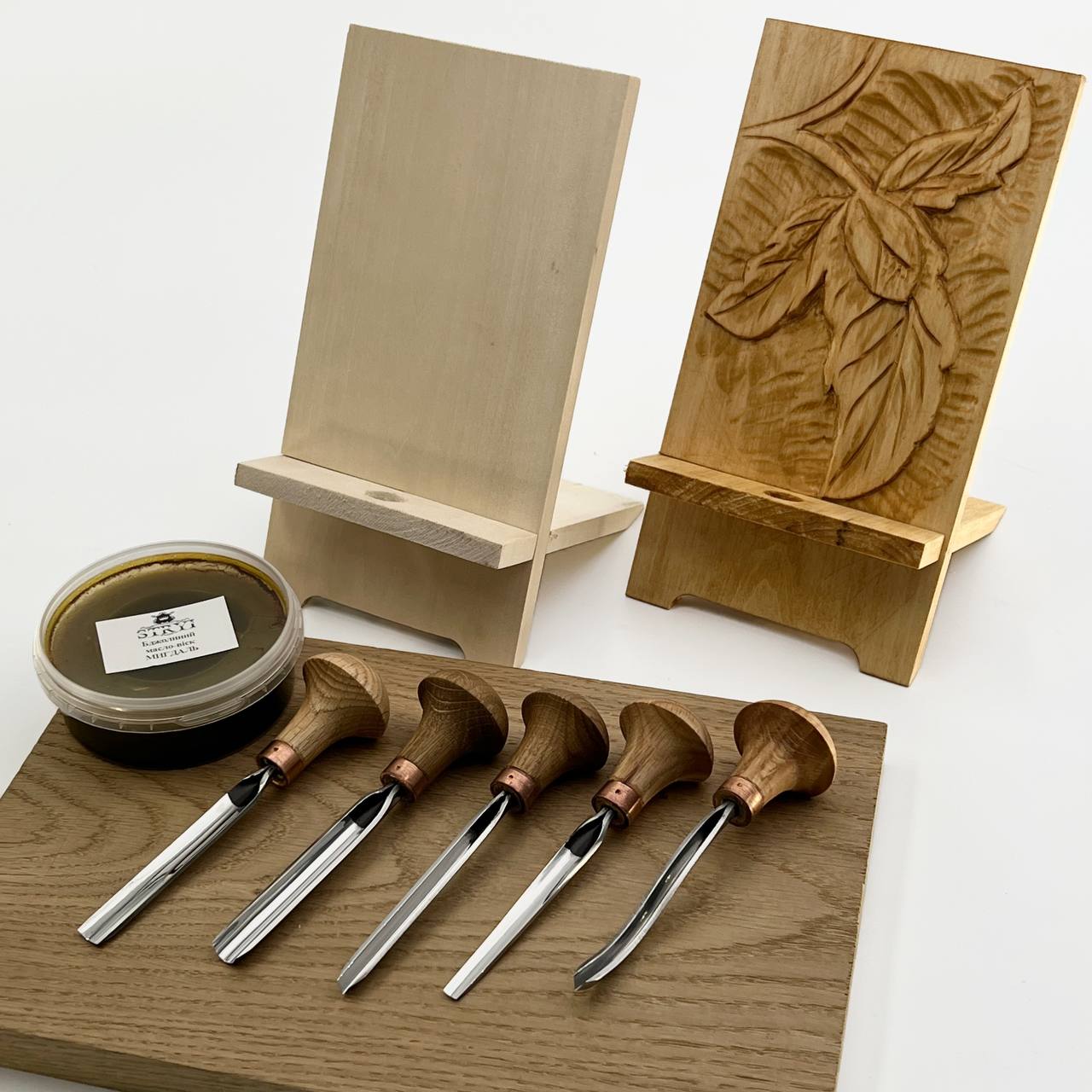 Palm carving set STRYI Profi, 5pcs, Toolset for Linocuttting, Relief carving, DIY phone stand