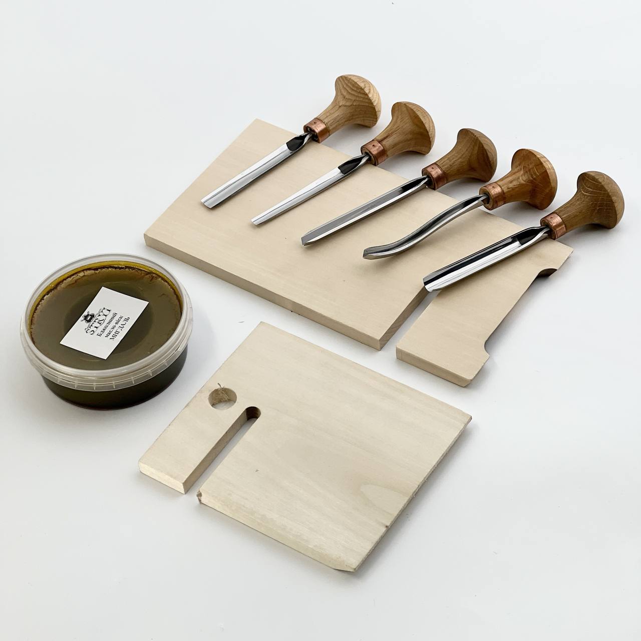 Palm carving set STRYI Profi, 5pcs, Toolset for Linocuttting, Relief carving, DIY phone stand