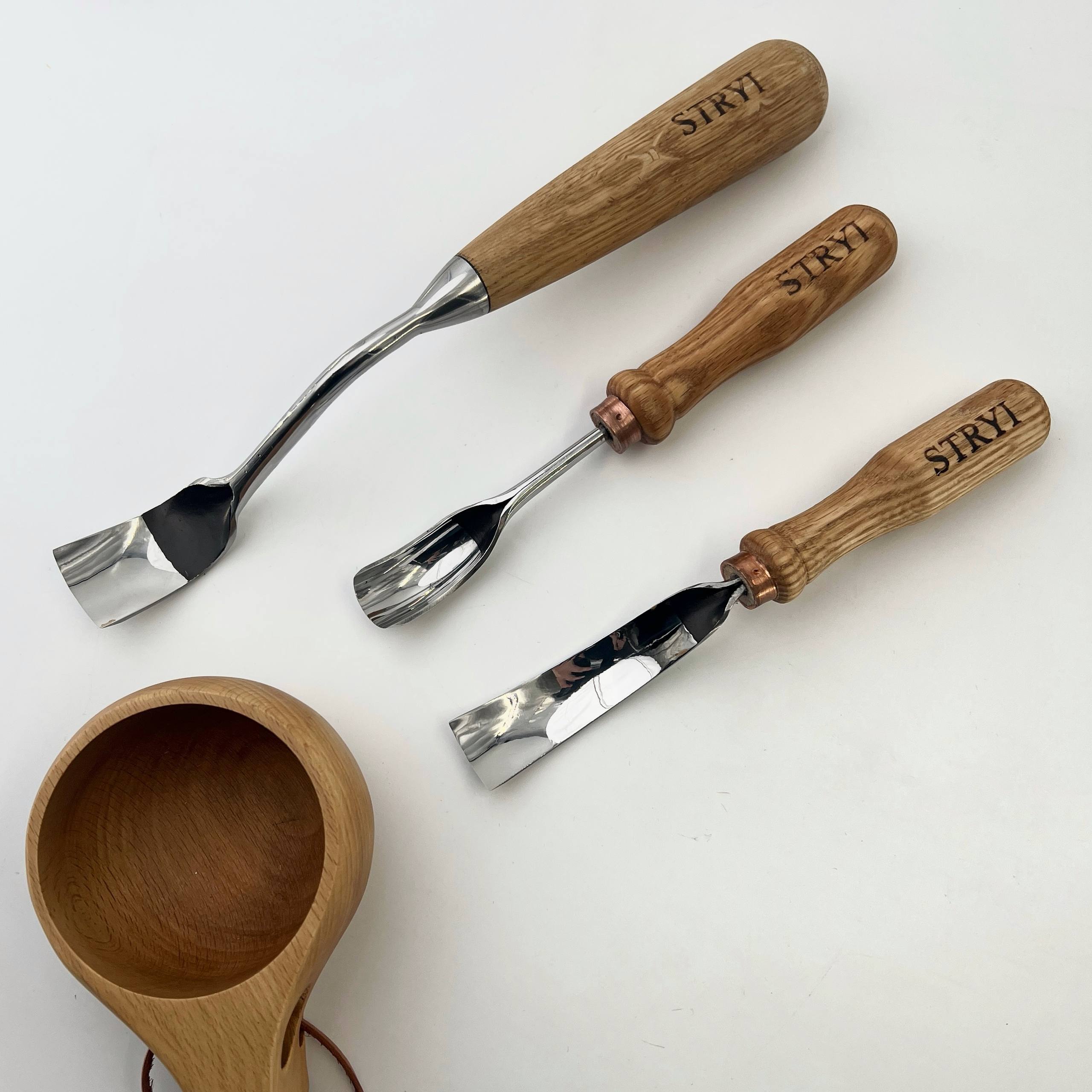 Set of 3 Bent Gouges STRYI Profi for Spoon &Bowl Carving
