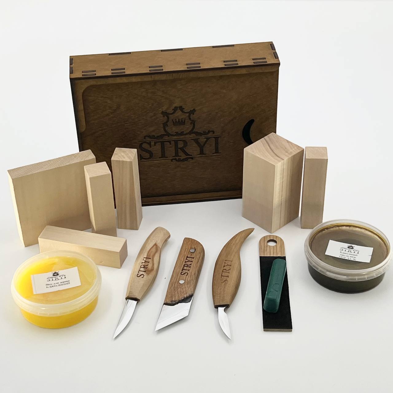 Wood Carving Knives set of 3pcs STRYI Profi in Storage Wooden Box