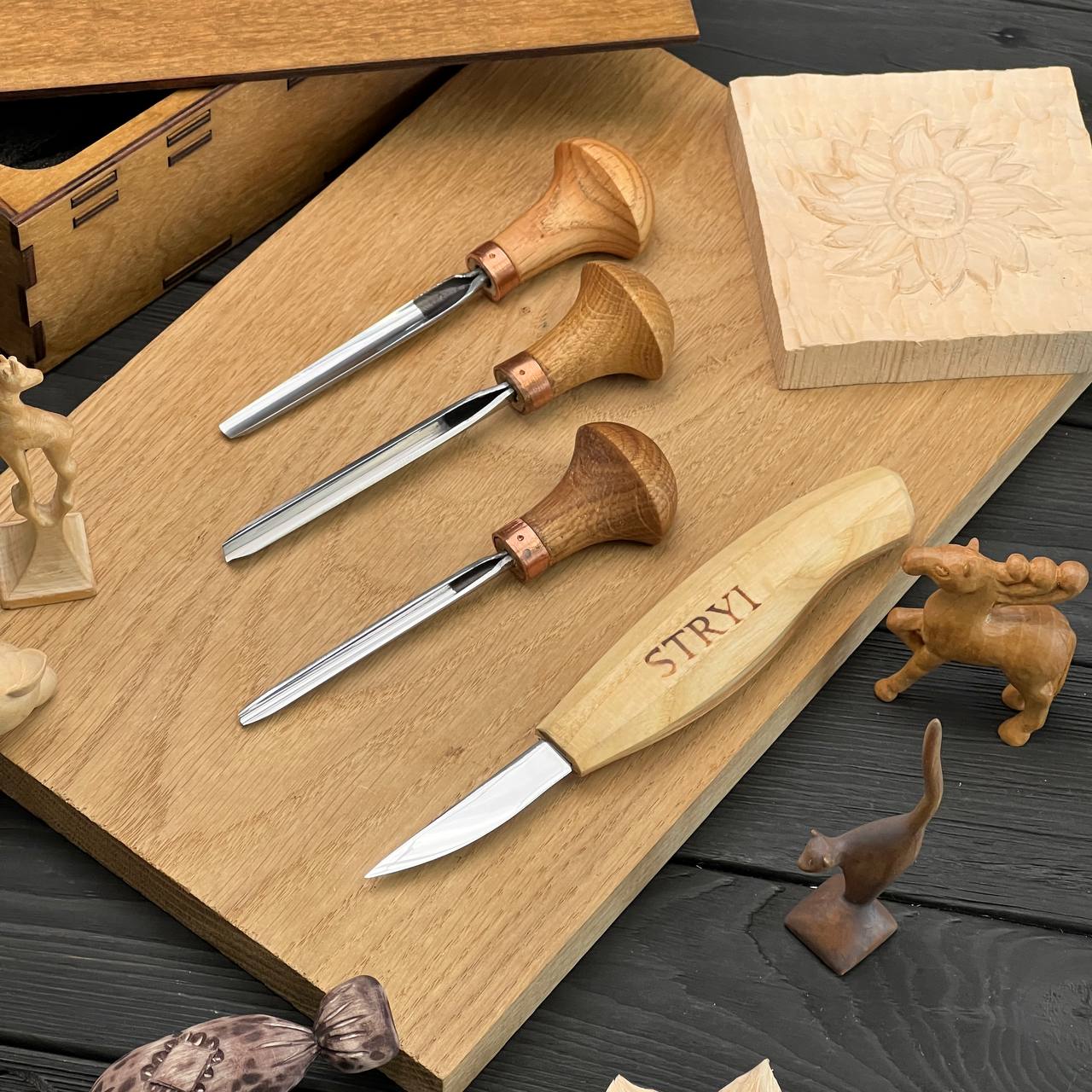 Grundlegendes Holzschnitzfiguren-Werkzeugset, 4-teiliges STRYI-Holzschnitzwerkzeug, Schnitzset, Set zum Schnitzen von Figuren