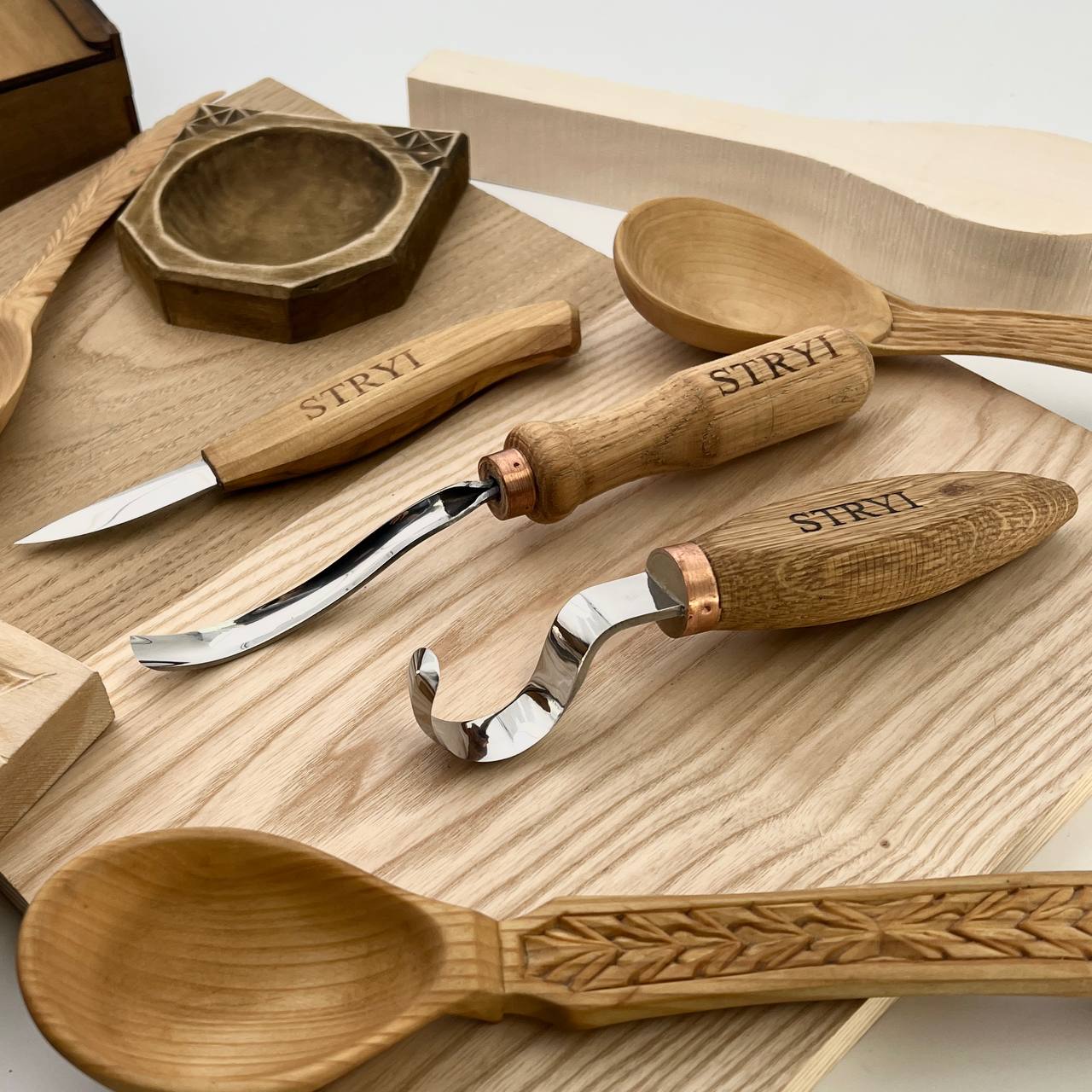Spoon carving kit, Wood carving kit 3 pcs STRYI Profi, Carving tools, Hook knife, Spoon making
