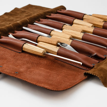 Wood carving kit for relief carving in leather case, 12pcs STRYI Profi, Chisels set, Gouges set