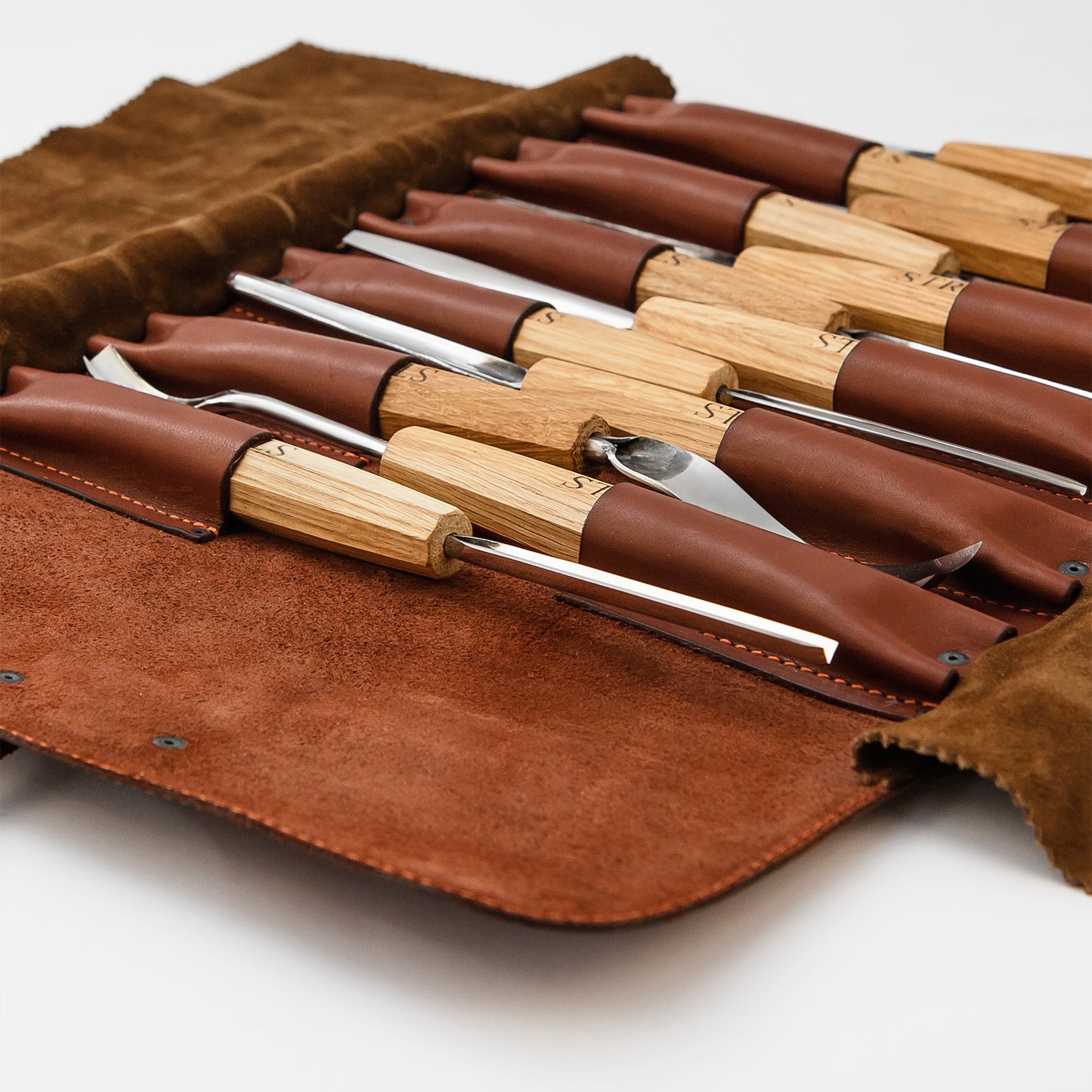 5pc Wood Carving Knife Set and Custom Leather Tool Roll Carrying Case-  Whittling Caricature Chip Hook Bench Draw-Knife, Professional Wood-Working  Kit