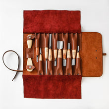 Load image into Gallery viewer, Starting set for woodcarving in leather roll-case, basic 12 tools kit, STRYI-AY Profi
