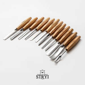 Wood carving tools set for relief carving 12pcs STRYI Profi, woodworking chisels, gouges, carving tools