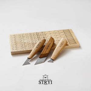 Woodcarving knives set STRYI Start for beginner carver with practicing board